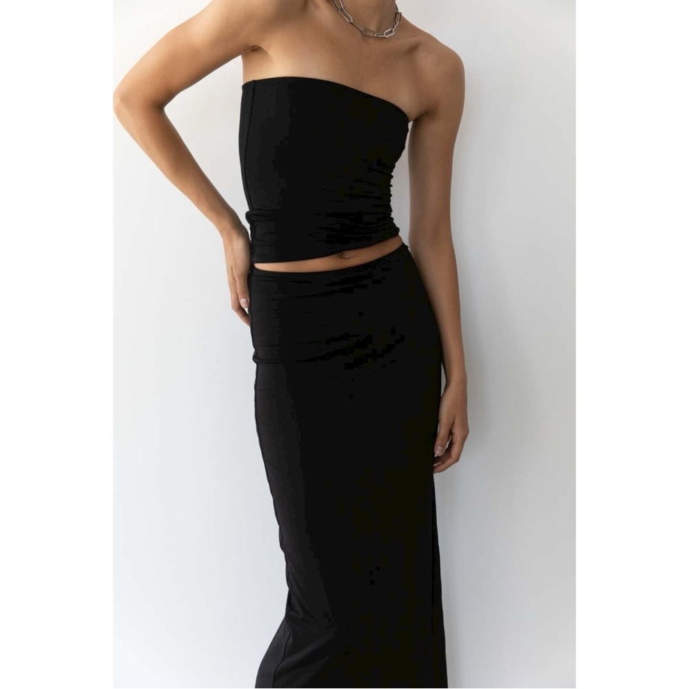TROIS Kendall Skirt - Black Jersey Knit High Back Slit Midi Skirt sz S - Picture 2 of 12